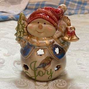 NWOT pottery Joy Snowman votive candle holder